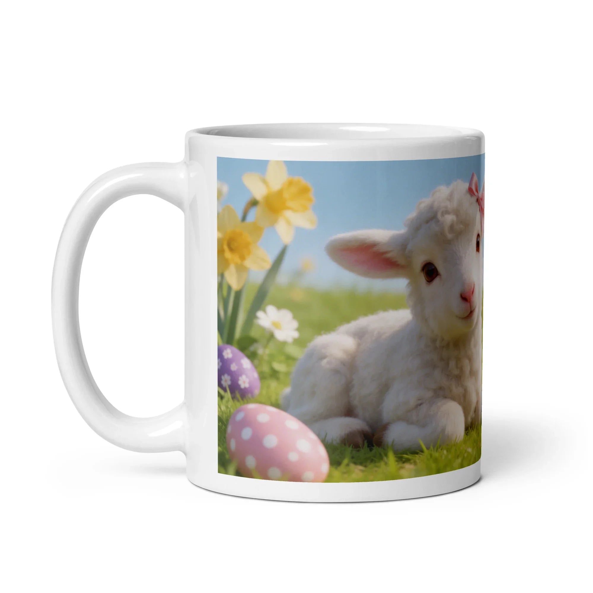White glossy mug featuring a cute lamb, daffodils, and Easter eggs in spring setting