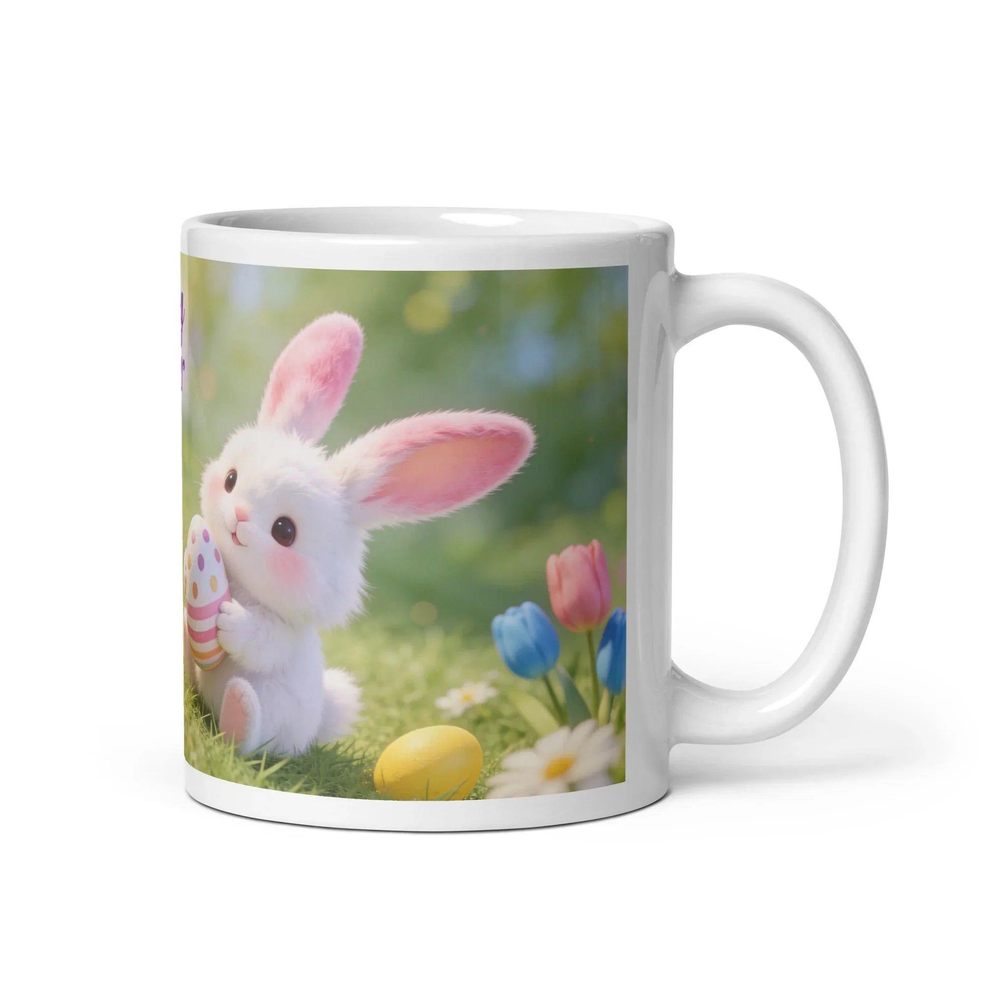 White glossy mug with cute rabbit holding Easter egg, surrounded by colorful spring flowers