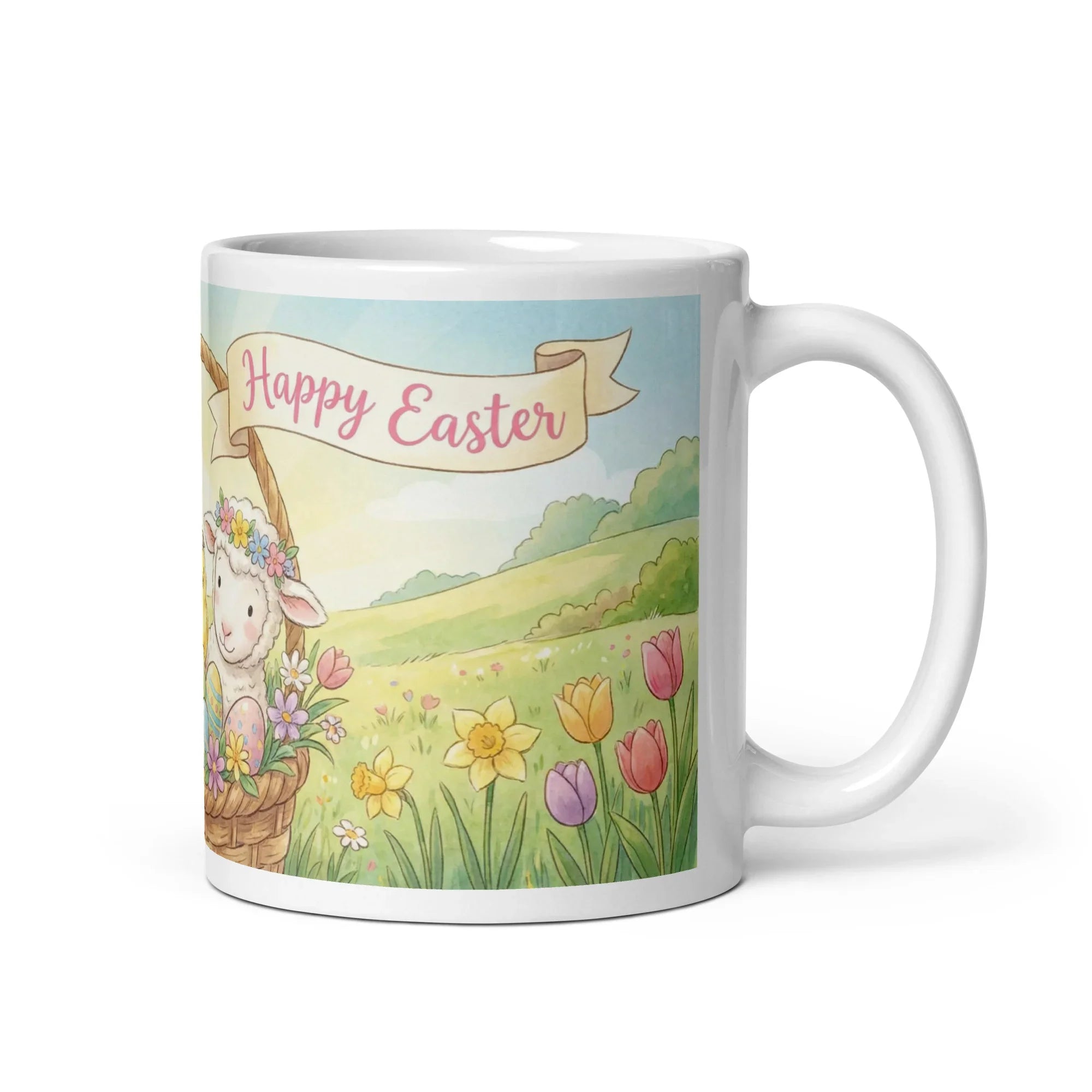 White glossy ceramic mug with blank right handle, ideal for custom drinkware or gifts.