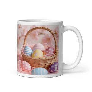 White glossy ceramic mug with handle on right, featuring Easter themed printed design