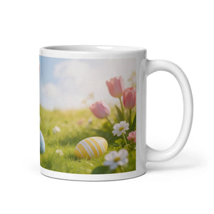 White glossy mug with handle on right, plain and unadorned, 11 oz size.
