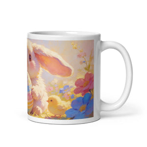 White ceramic mug with cute bunny, chick, Easter egg, and colorful spring flowers print