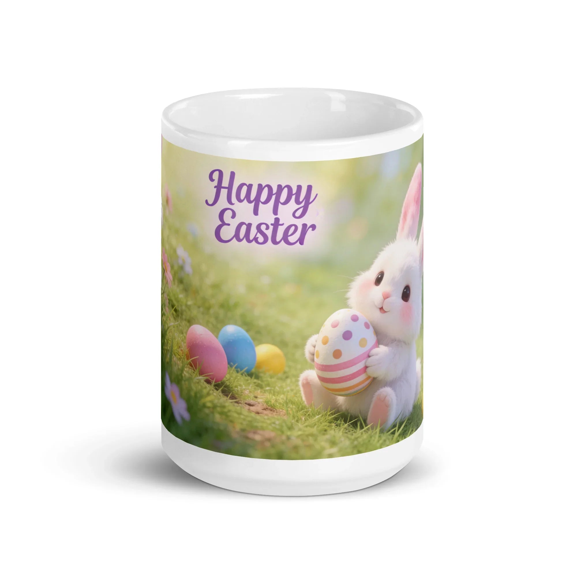White glossy mug with cute Easter bunny, colorful eggs, and Happy Easter text