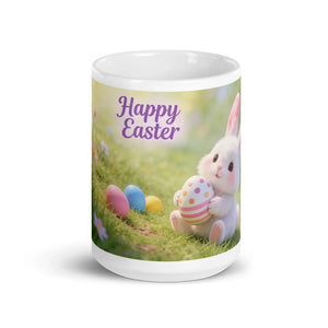 White glossy mug with cute Easter bunny, colorful eggs, and Happy Easter text