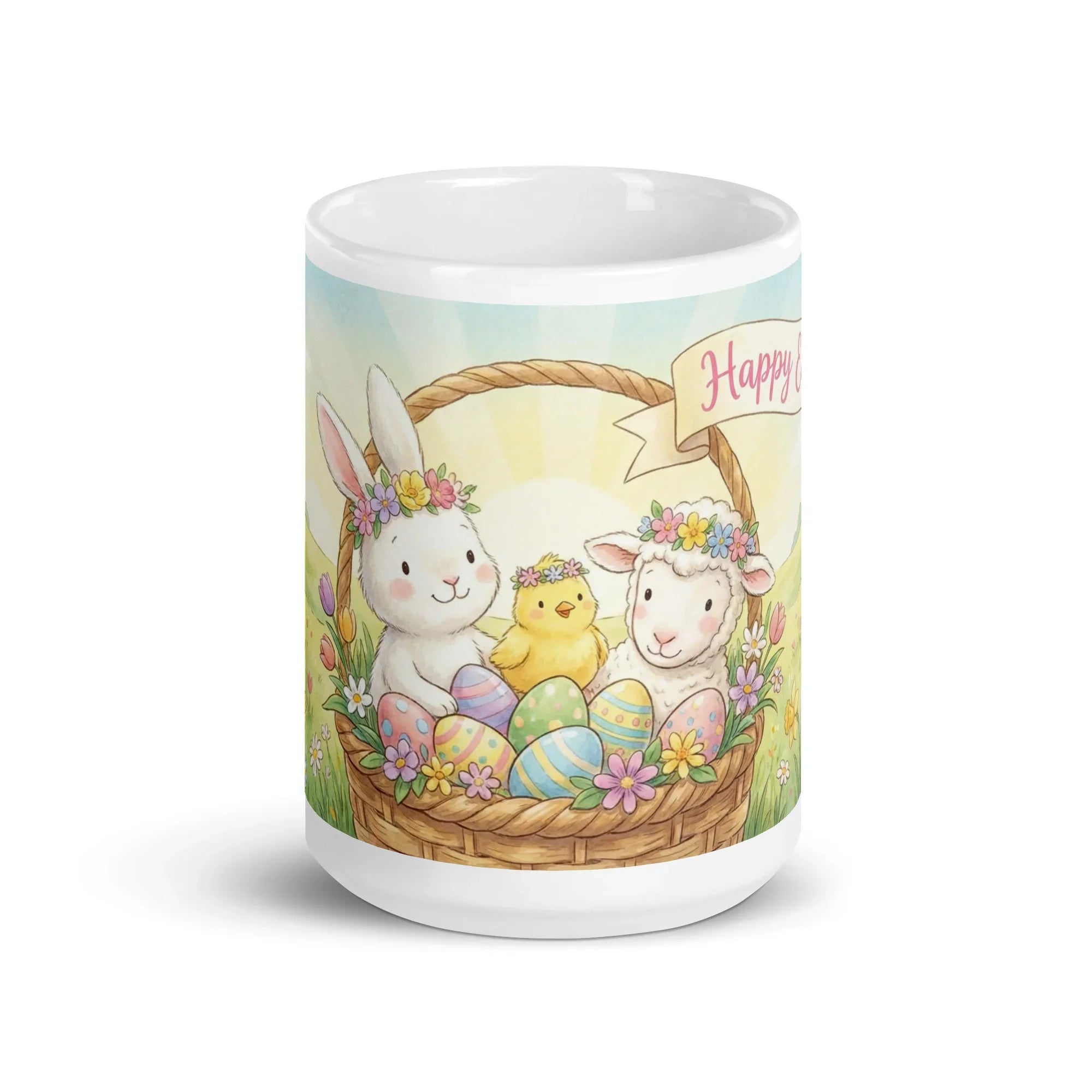 White glossy mug with cute Easter bunny, chick, and lamb in a basket with colorful eggs