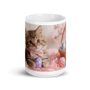 White glossy mug with cute kitten in pink bowtie, Easter eggs, and spring basket design