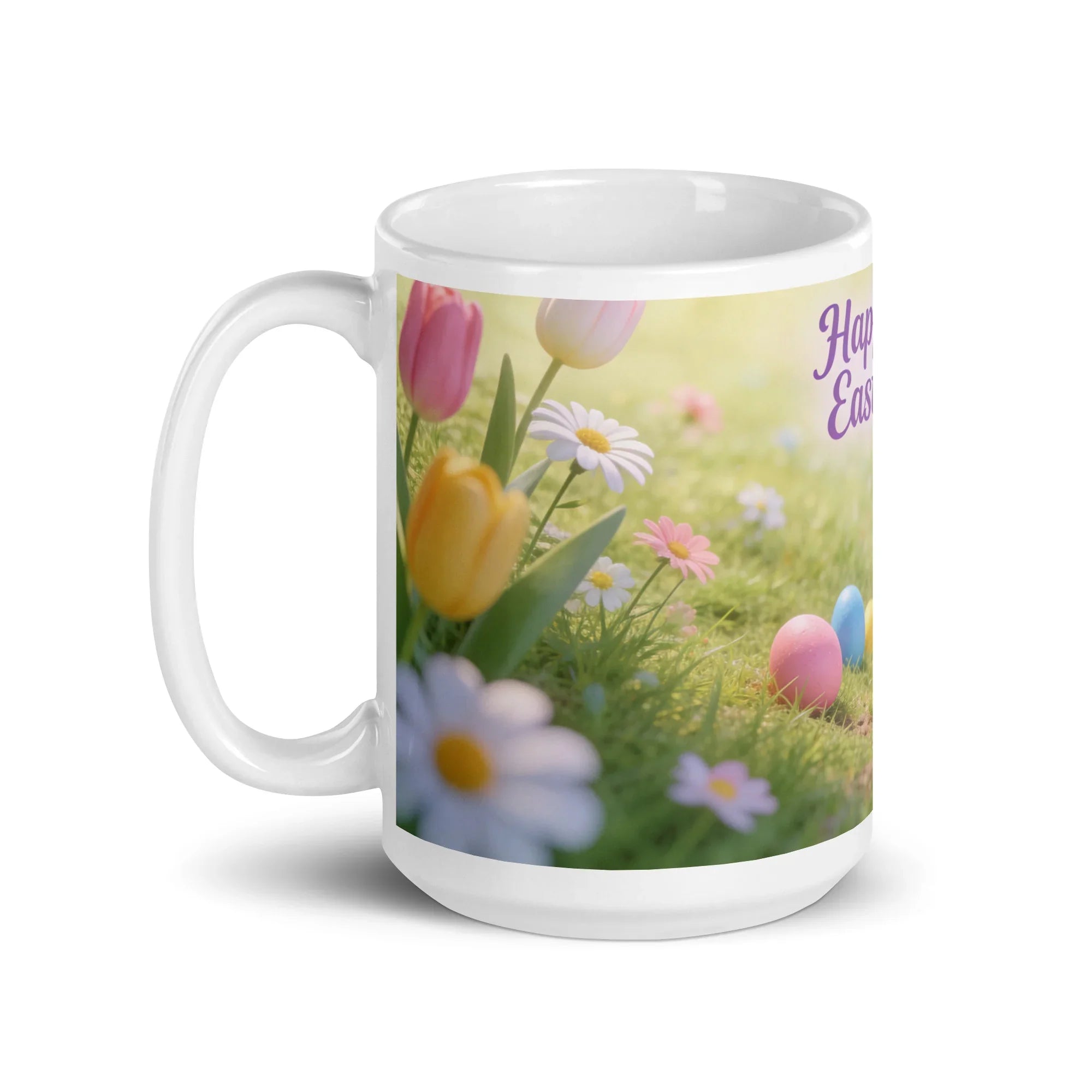 White glossy mug with spring flowers, Easter eggs, and 'Happy Easter' text on grass background.