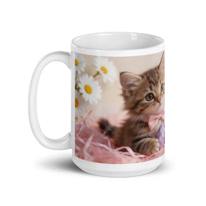 White glossy mug featuring a cute kitten with a pink bow, daisies, and pastel decorations