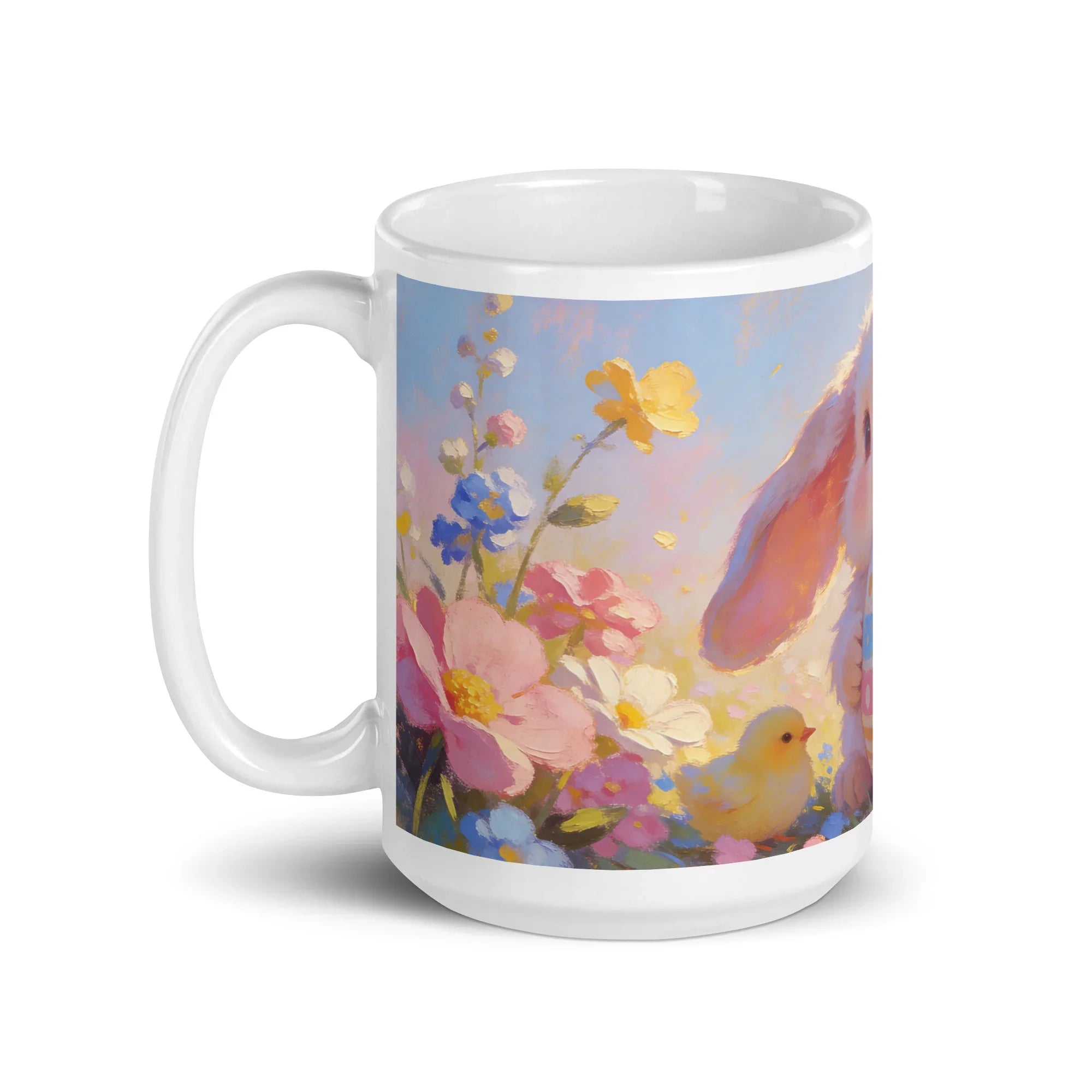 White ceramic mug with pastel floral design, bunny ear, and yellow chick illustration