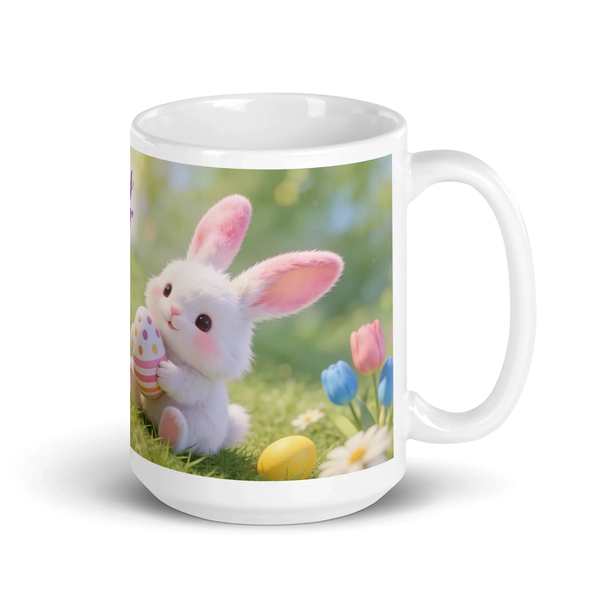 White glossy mug featuring a cute bunny holding an Easter egg with spring flowers