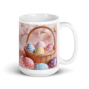 White glossy mug with colorful Easter egg basket and spring floral background design