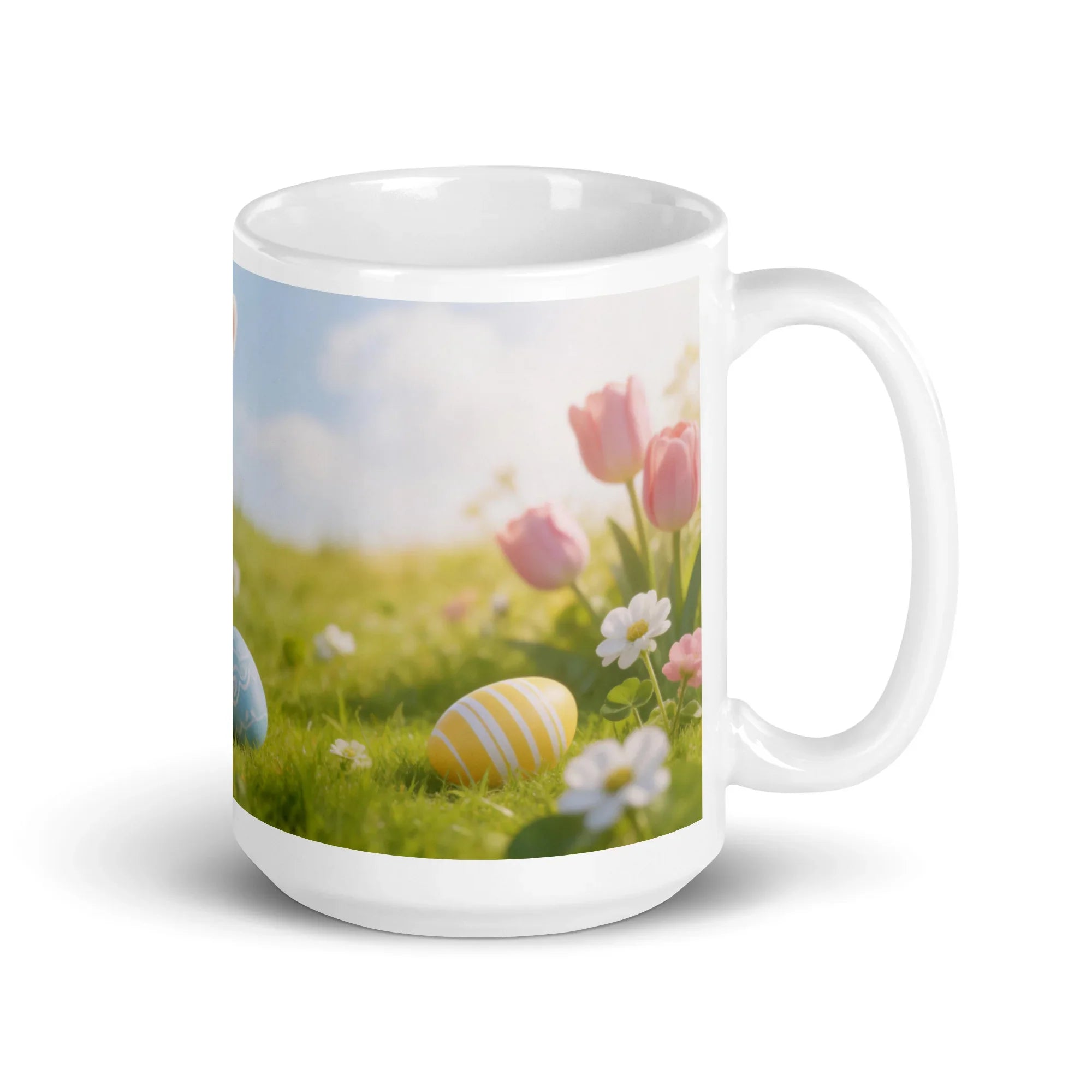 White glossy mug with pastel Easter eggs and spring flowers design, handle on right