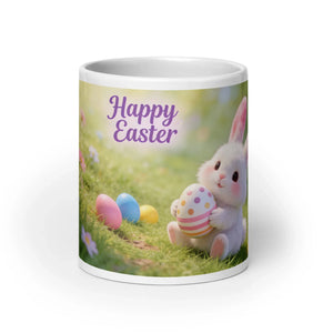 White glossy mug with Happy Easter text, cute bunny, and colorful Easter eggs on grass