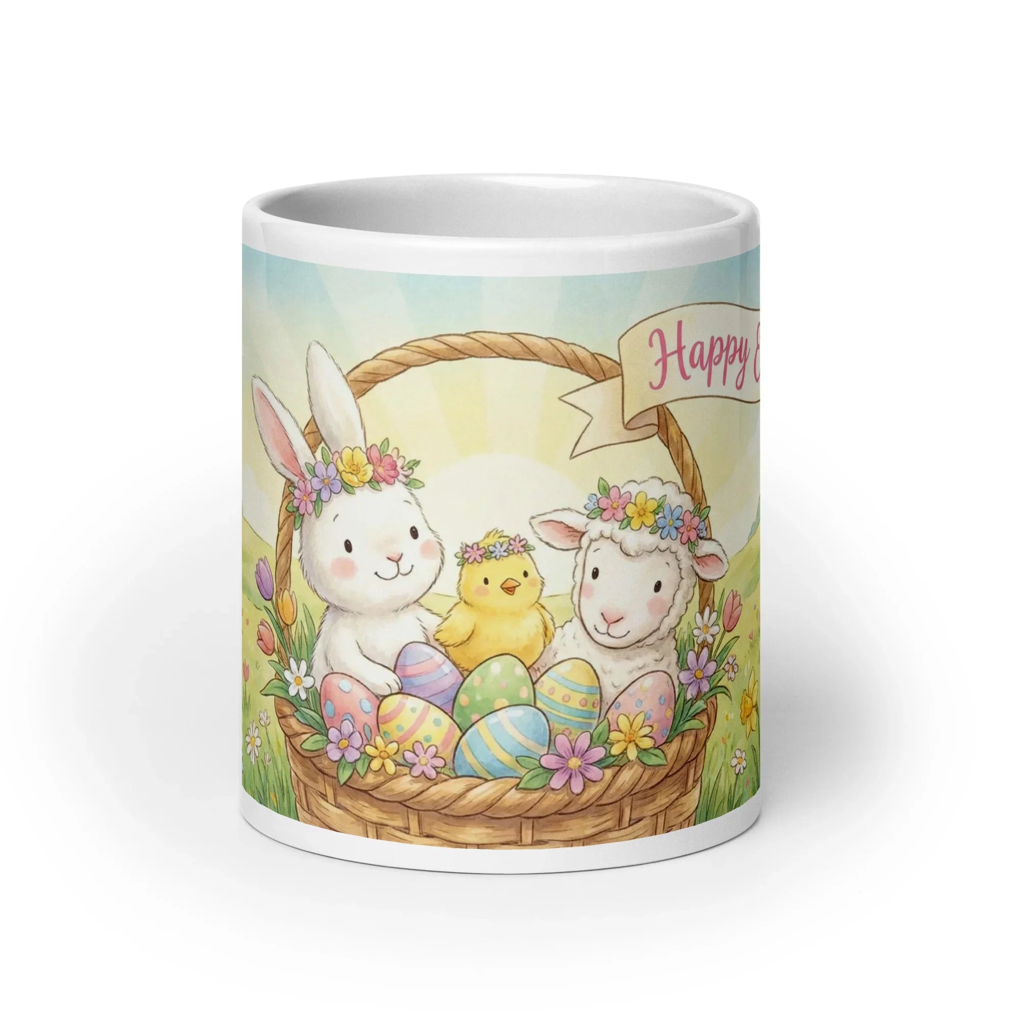 White glossy mug with Easter-themed illustration of bunny, chick, lamb and decorated eggs.