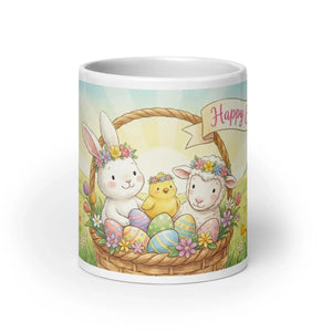 White glossy mug with Easter-themed illustration of bunny, chick, lamb and decorated eggs.