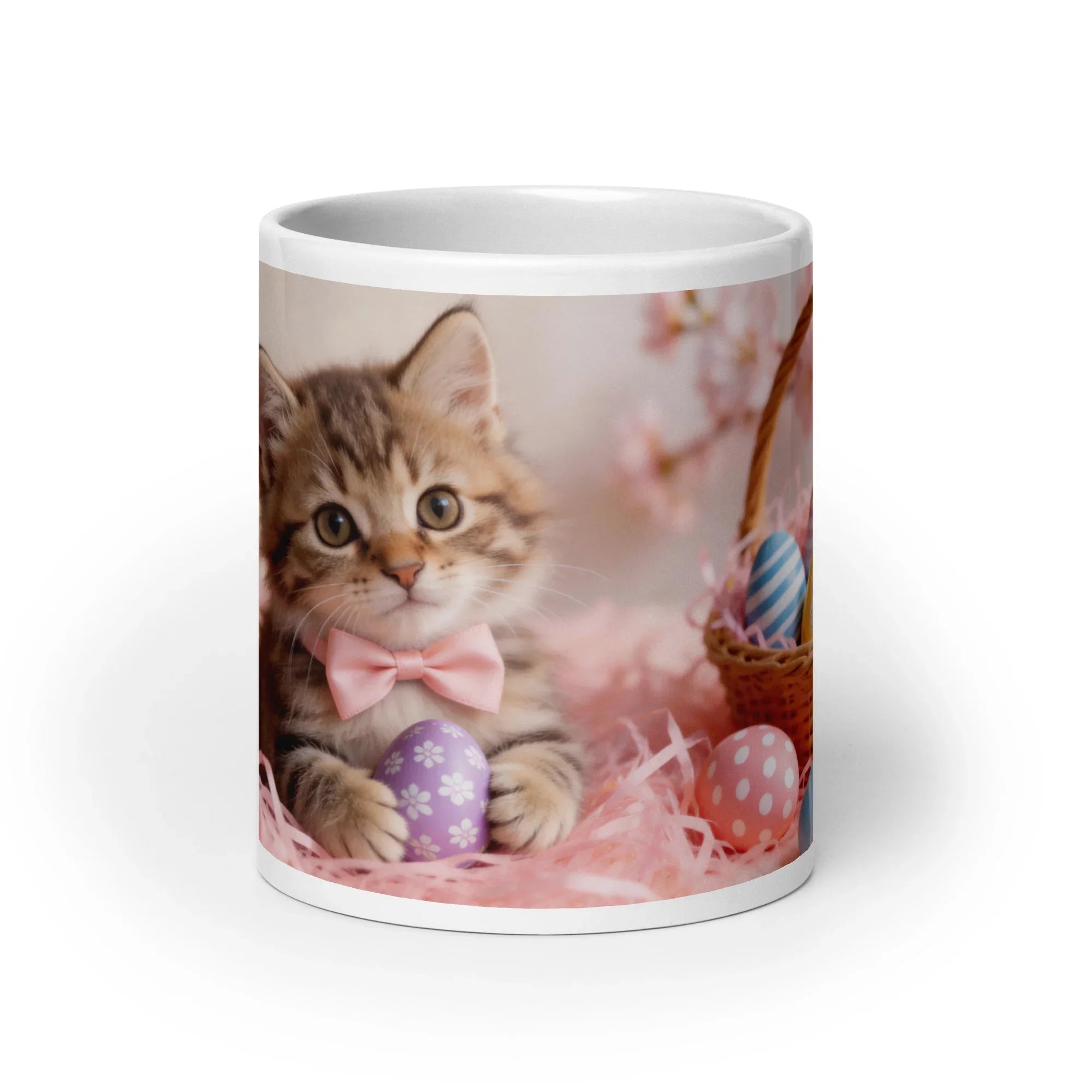 White glossy ceramic mug, front view, on white background