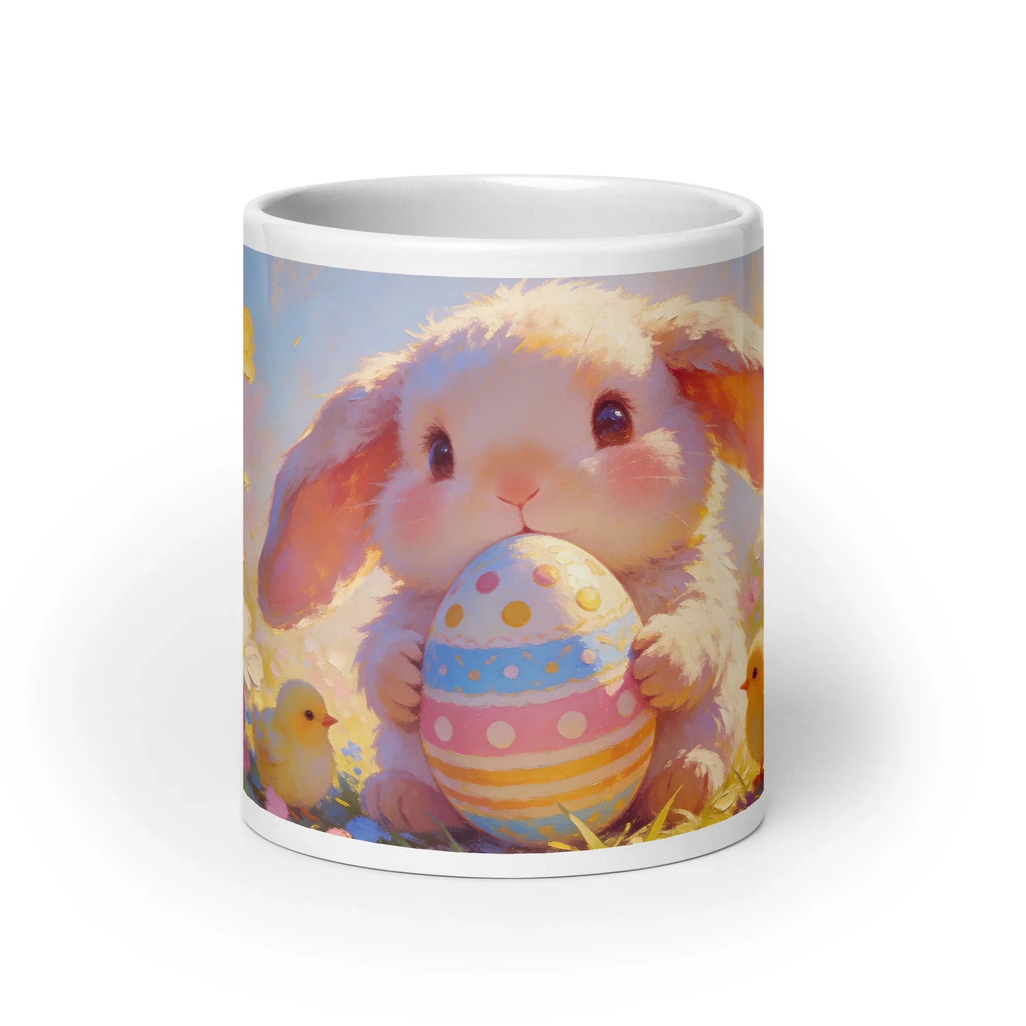 White mug with cute bunny holding a decorated Easter egg and chicks, pastel illustration