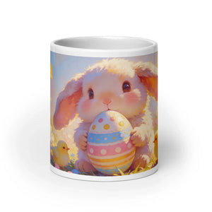 White mug with cute bunny holding a decorated Easter egg and chicks, pastel illustration