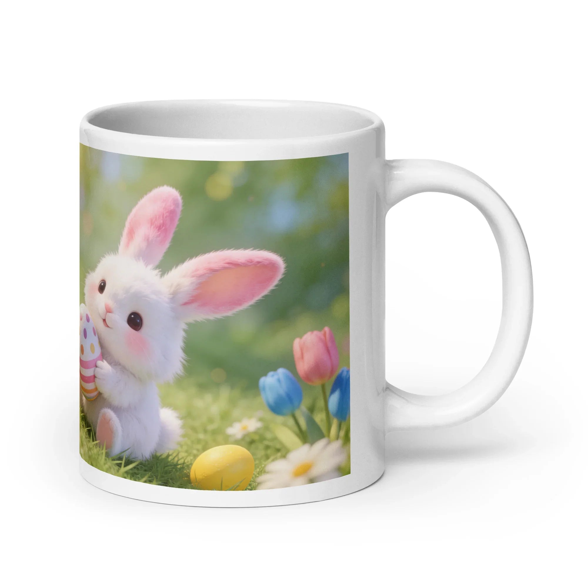 White glossy mug with cute bunny holding Easter egg, tulips, and spring flowers design