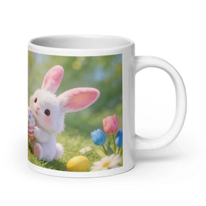 White glossy mug with cute bunny holding Easter egg, tulips, and spring flowers design