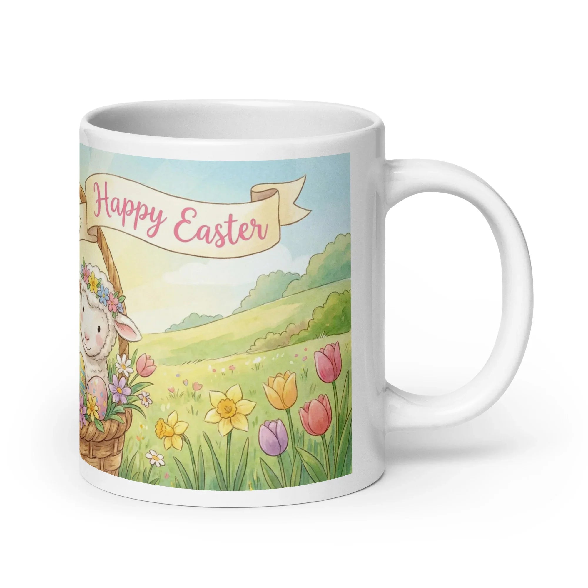 White ceramic mug with 'Happy Easter' sheep and flower meadow illustration, handle on right