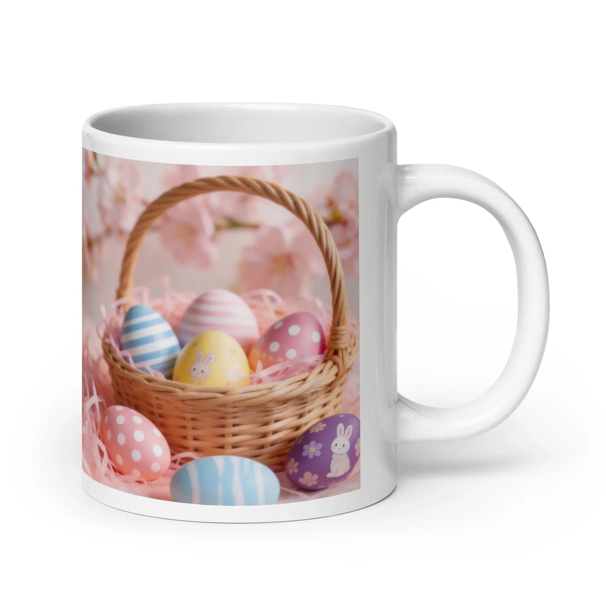 White glossy 20 oz mug with handle on right, plain design, isolated on white background