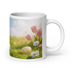 White glossy mug with Easter egg and spring flowers design, handle on the right