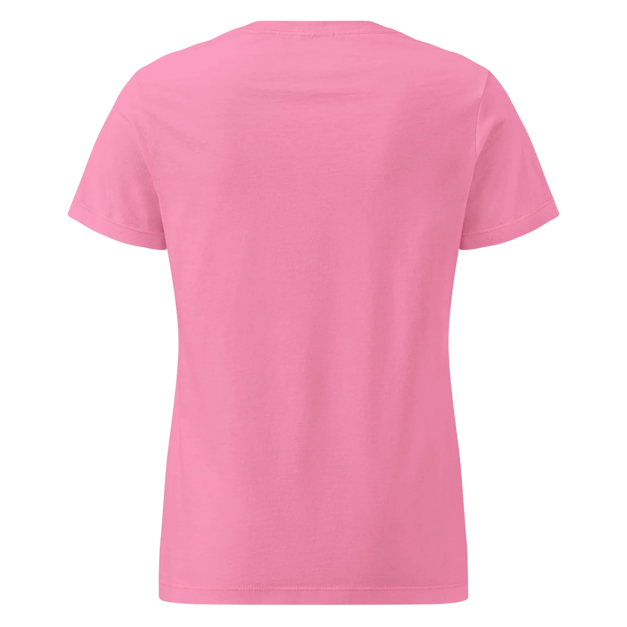 Back view of women's basic pink short-sleeve softstyle T-shirt on white background