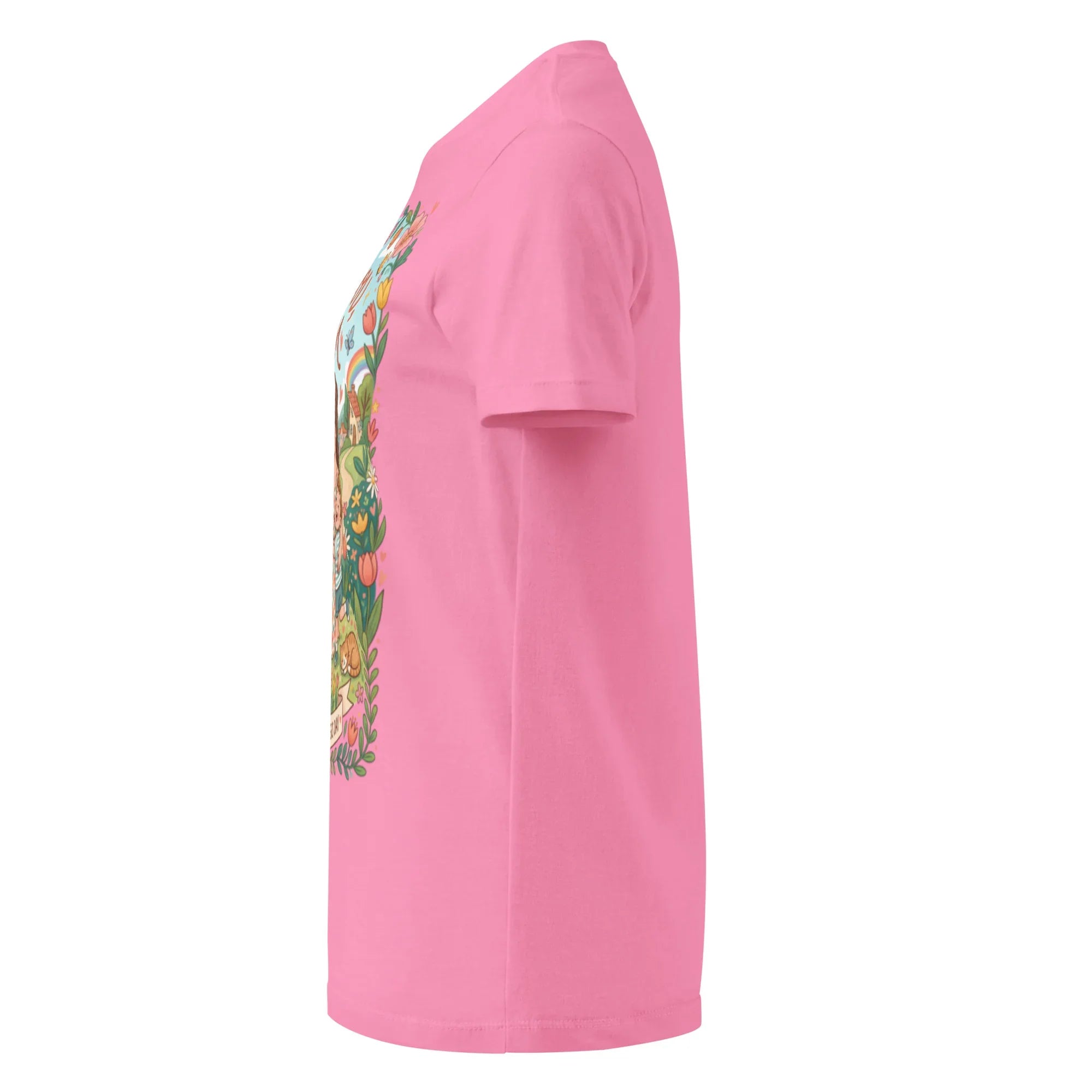 Pink women's short sleeve t-shirt with side floral graphic, soft cotton fabric