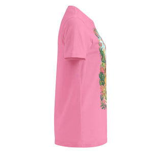 Azalea pink women's softstyle t-shirt with colorful floral graphic, side view