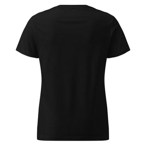 Back view of a black women's basic softstyle t-shirt on white background