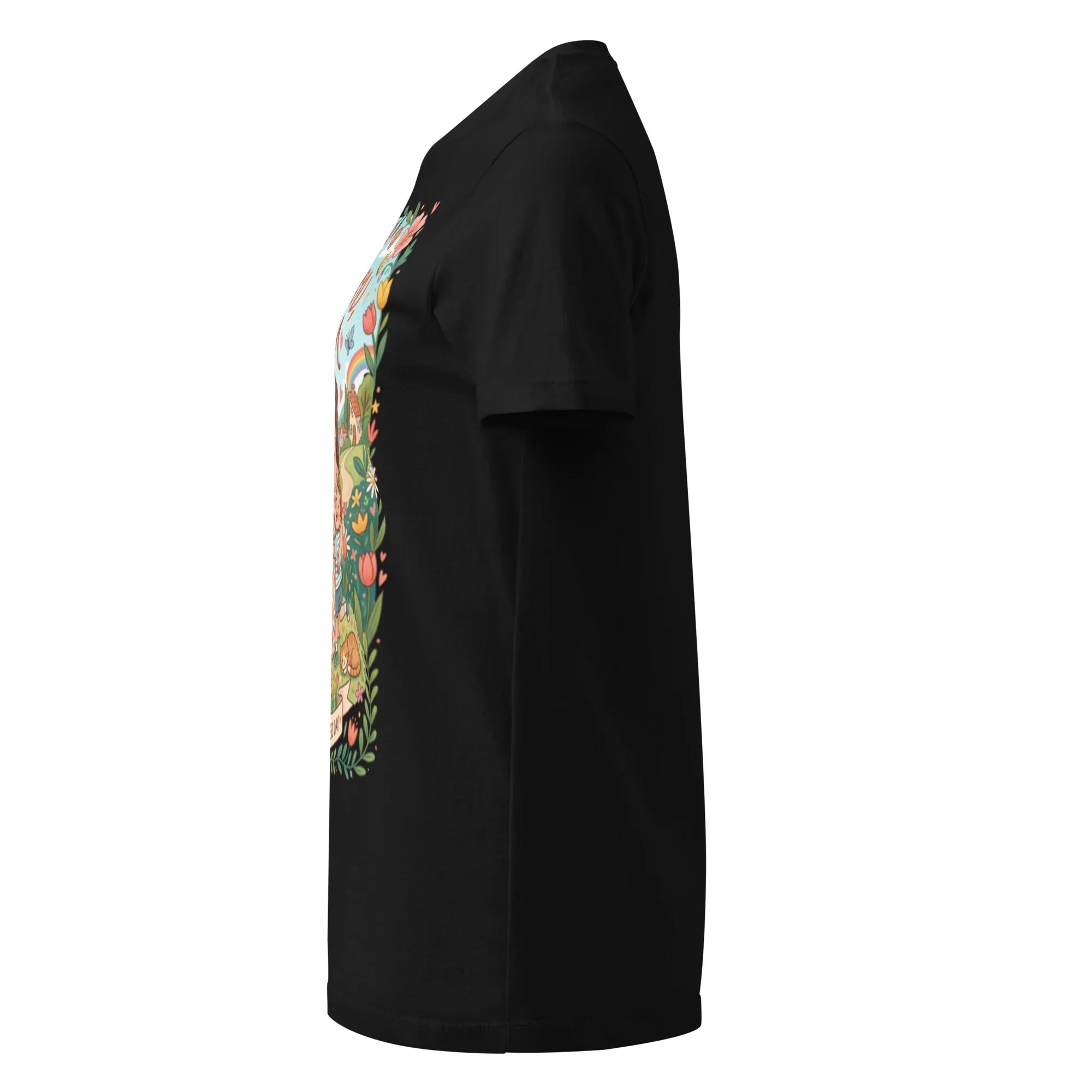 Black women’s softstyle t-shirt with colorful floral graphic, left side view
