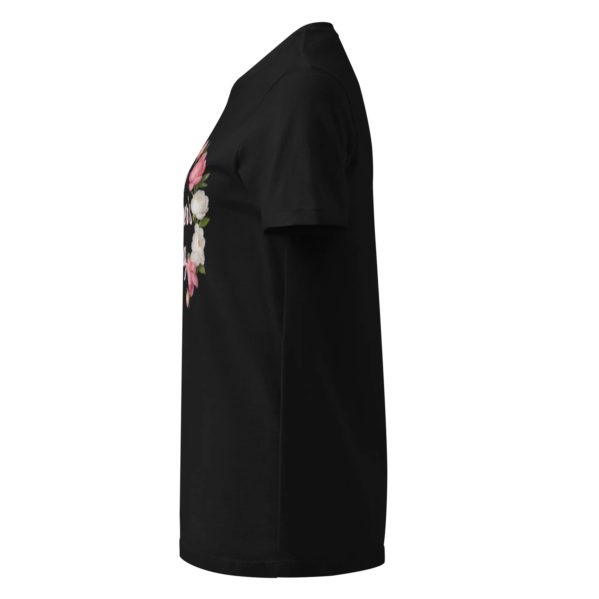 Black women's softstyle t-shirt with floral graphic, side view