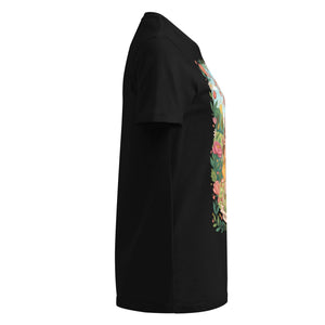 Black women's t-shirt with colorful floral graphic, side view