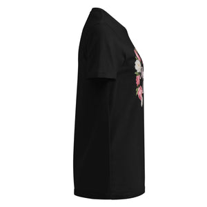 Black women's short sleeve t-shirt with floral design, side view