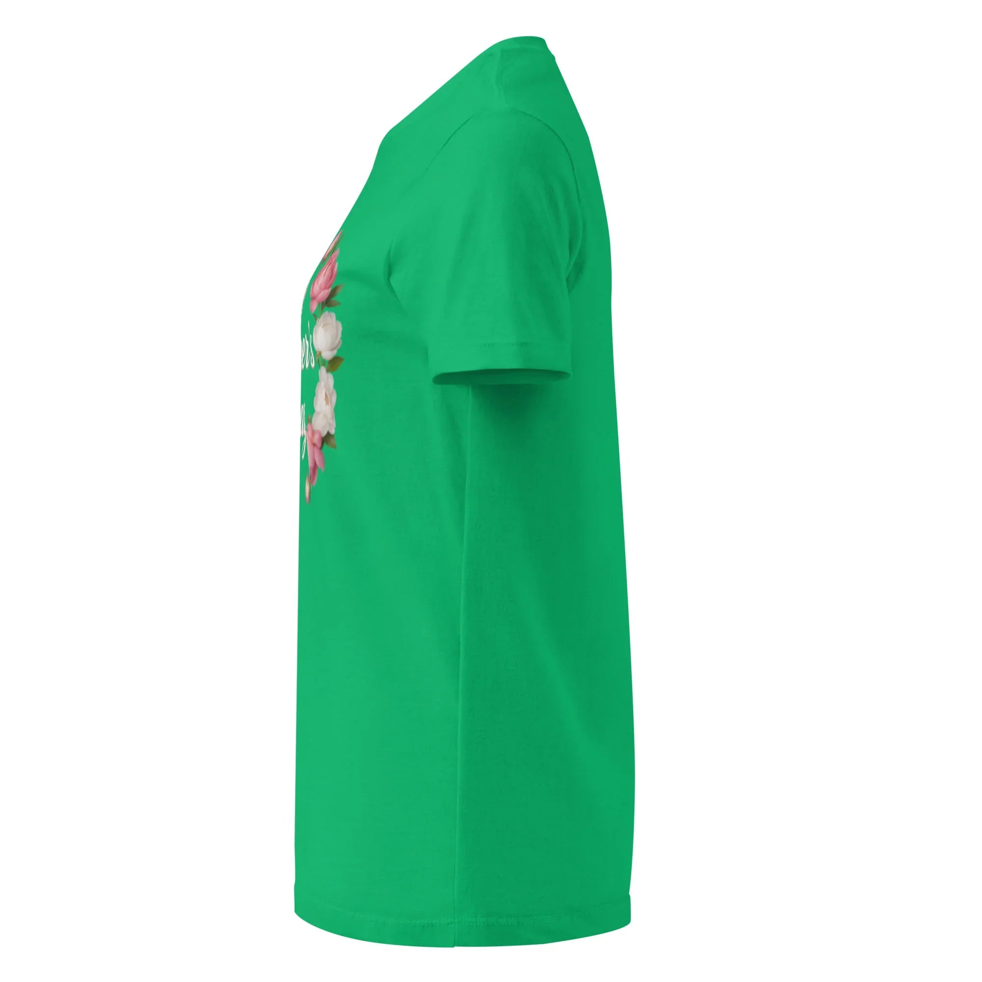 Women's Irish green short sleeve t-shirt with front floral design, side view