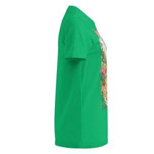 Women's Irish green T-shirt side view with colorful floral graphic design