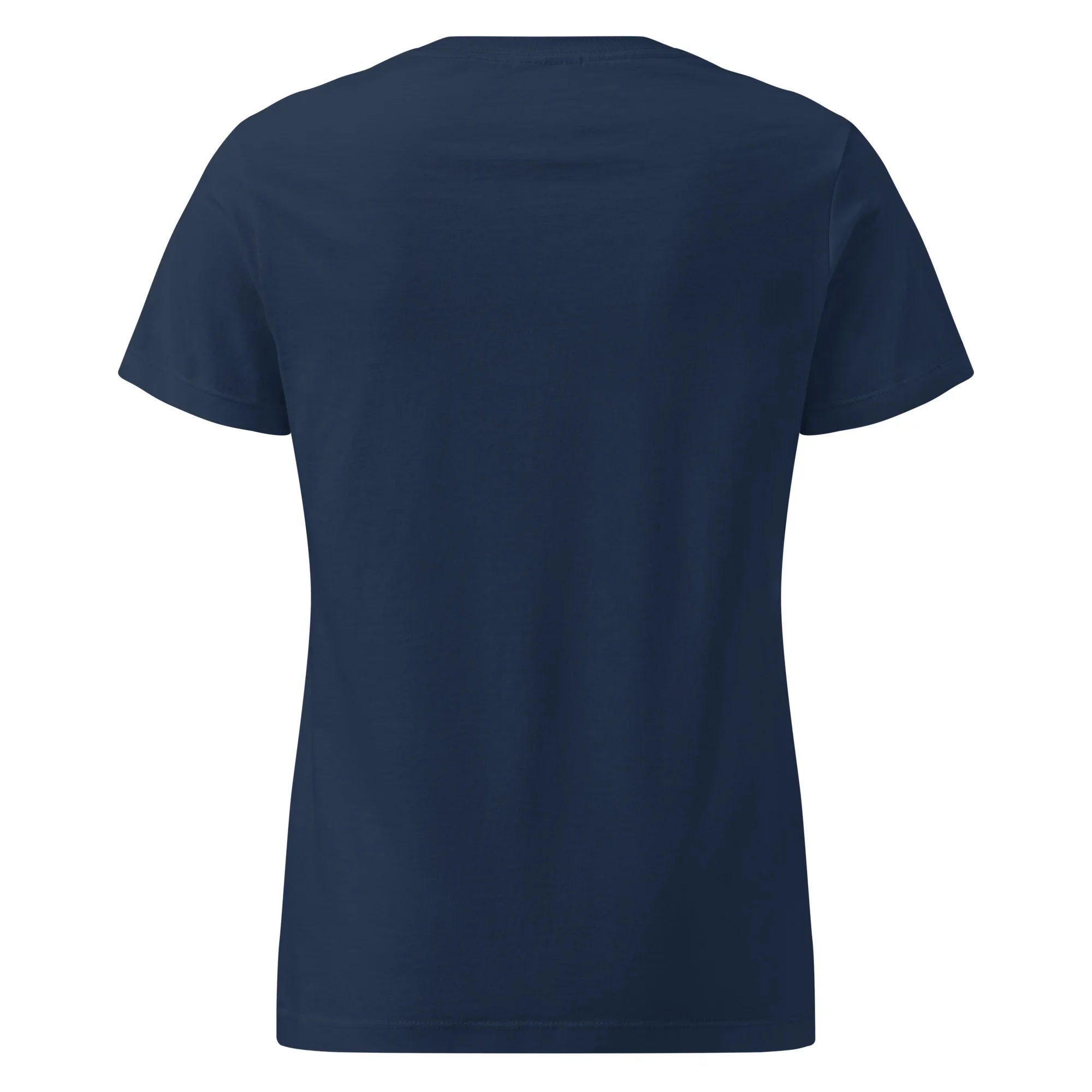 Women's navy short sleeve basic softstyle t-shirt, back view on white background