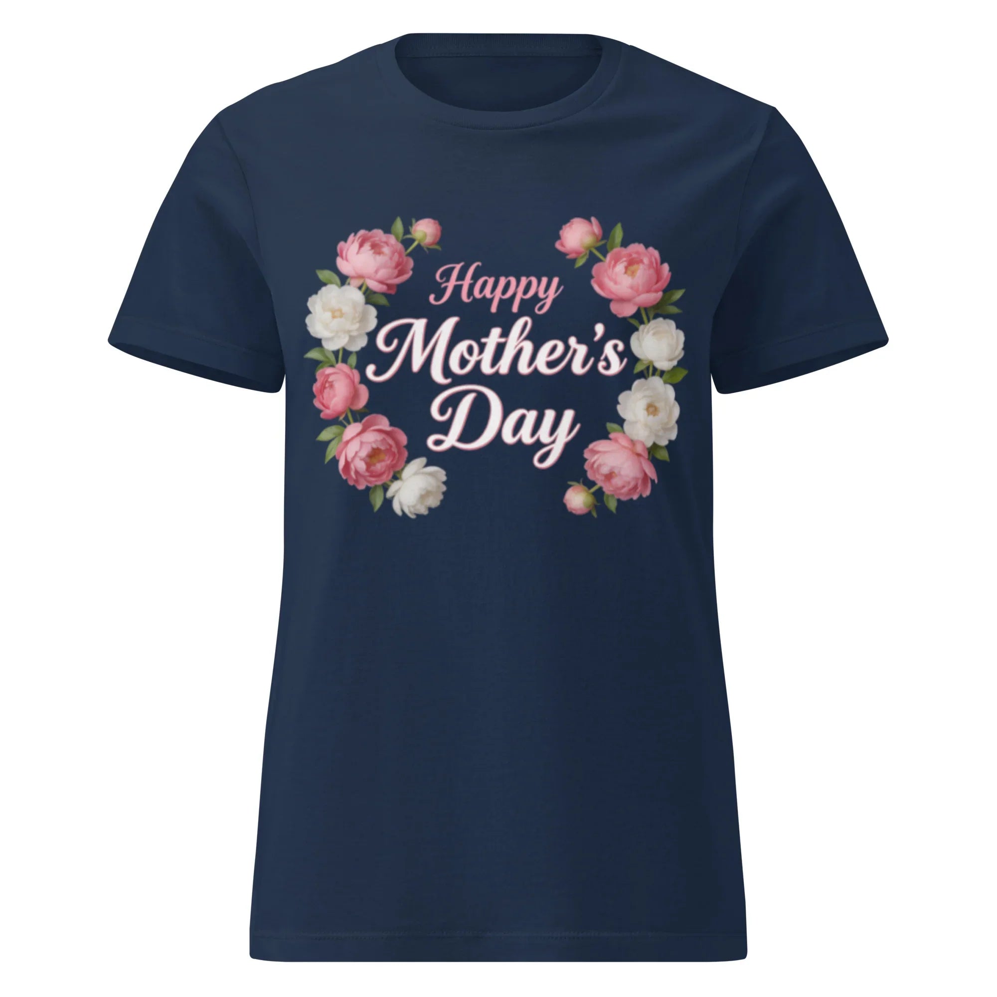 Navy women's t-shirt with 'Happy Mother's Day' floral print on the front.