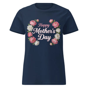 Navy women's t-shirt with 'Happy Mother's Day' floral print on the front.