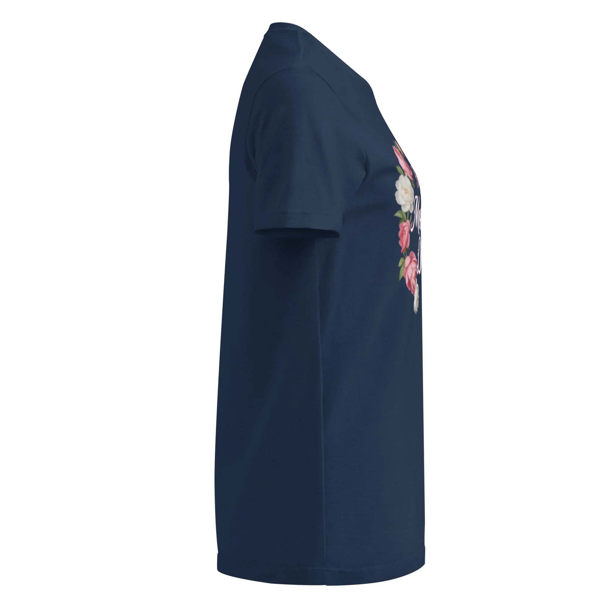 Women's navy softstyle t-shirt with floral print, side view