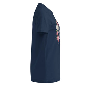 Women's navy softstyle t-shirt with floral print, side view