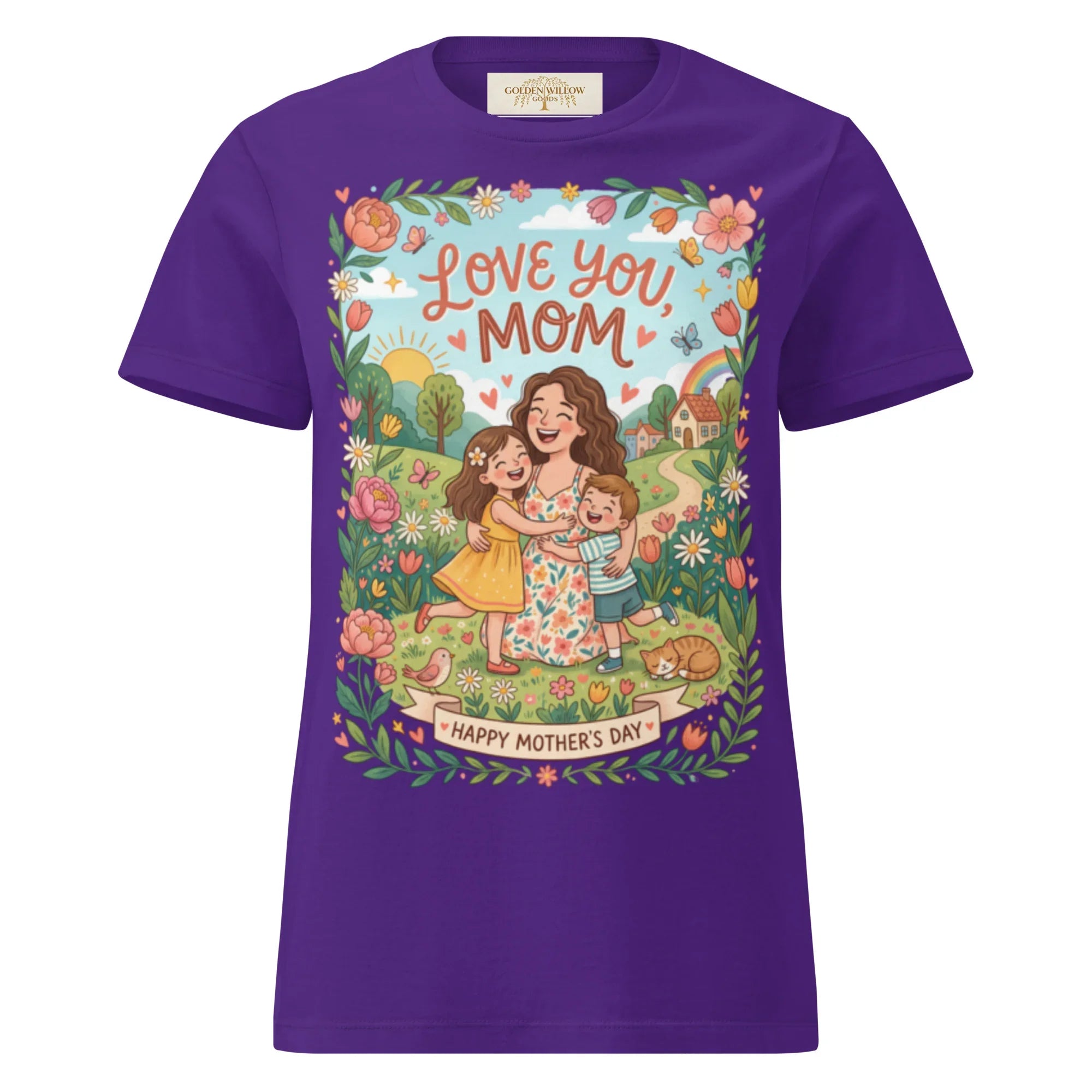 Purple women’s t-shirt with cartoon art of mom and kids, floral border, and Love You Mom text