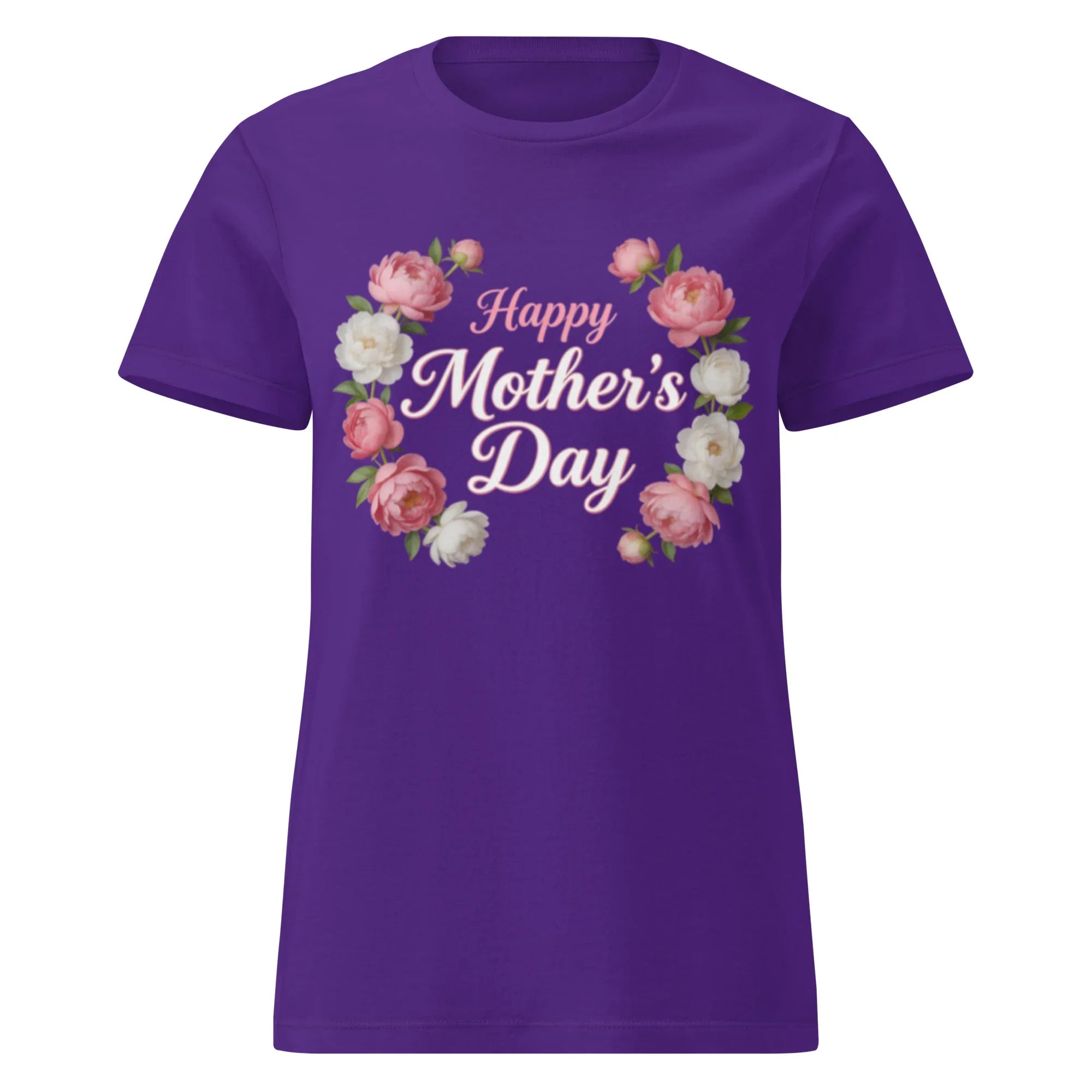 Purple women's t-shirt with 'Happy Mother's Day' and floral wreath graphic on the front.