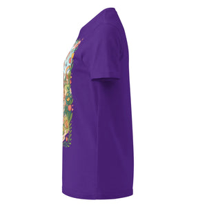 Women's purple softstyle t-shirt, left side view, with colorful front graphic design