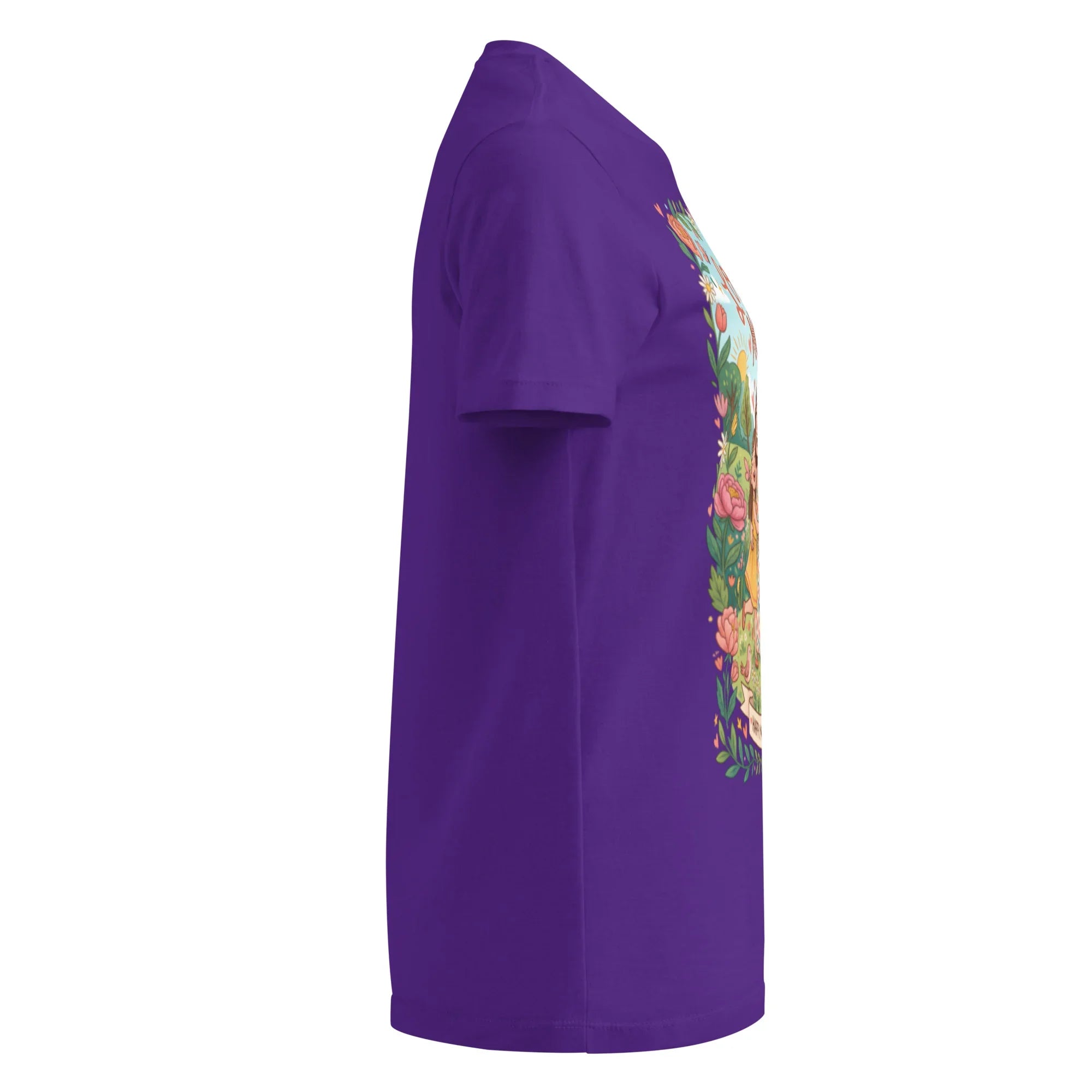 Purple women's softstyle t-shirt with colorful floral graphic, right side view