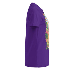 Purple women's softstyle t-shirt with colorful floral graphic, right side view
