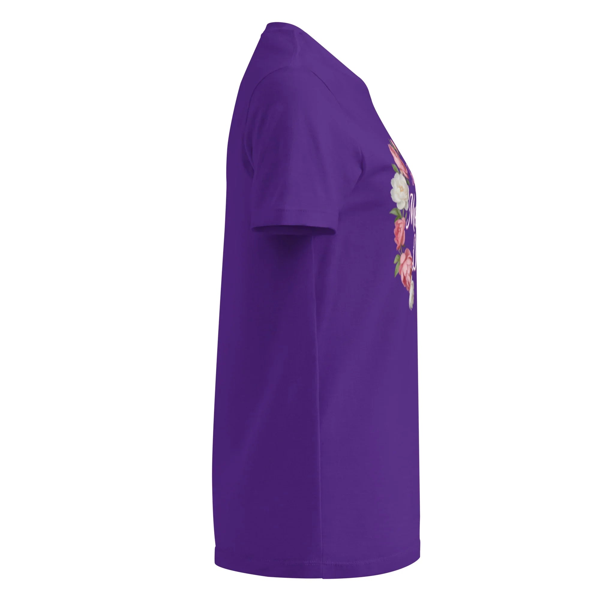 Women's purple short sleeve t-shirt with floral graphic, side view