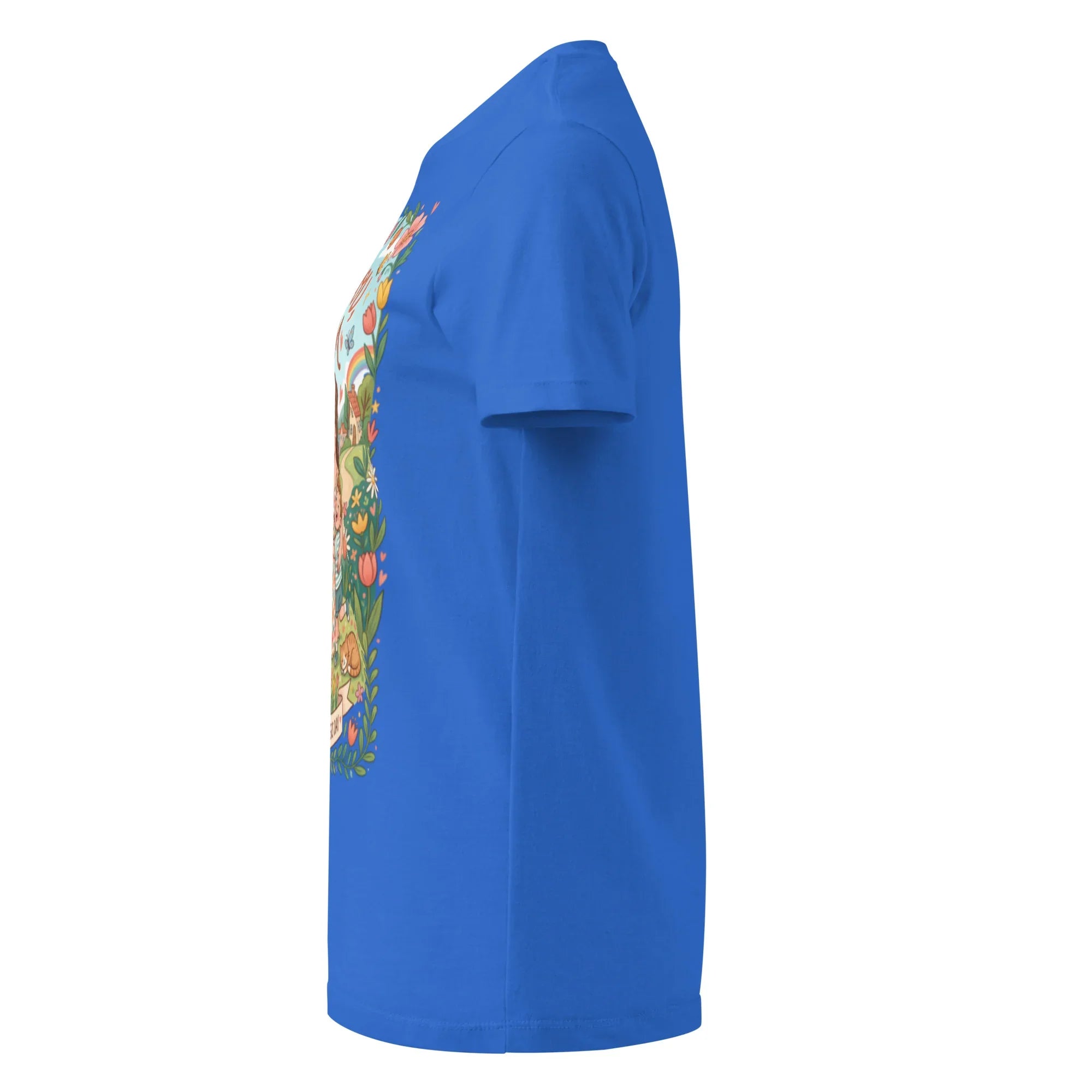 Women's royal blue softstyle t-shirt with colorful front graphic, side view
