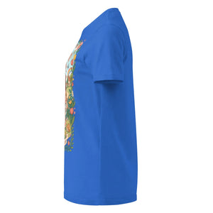 Women's royal blue softstyle t-shirt with colorful front graphic, side view